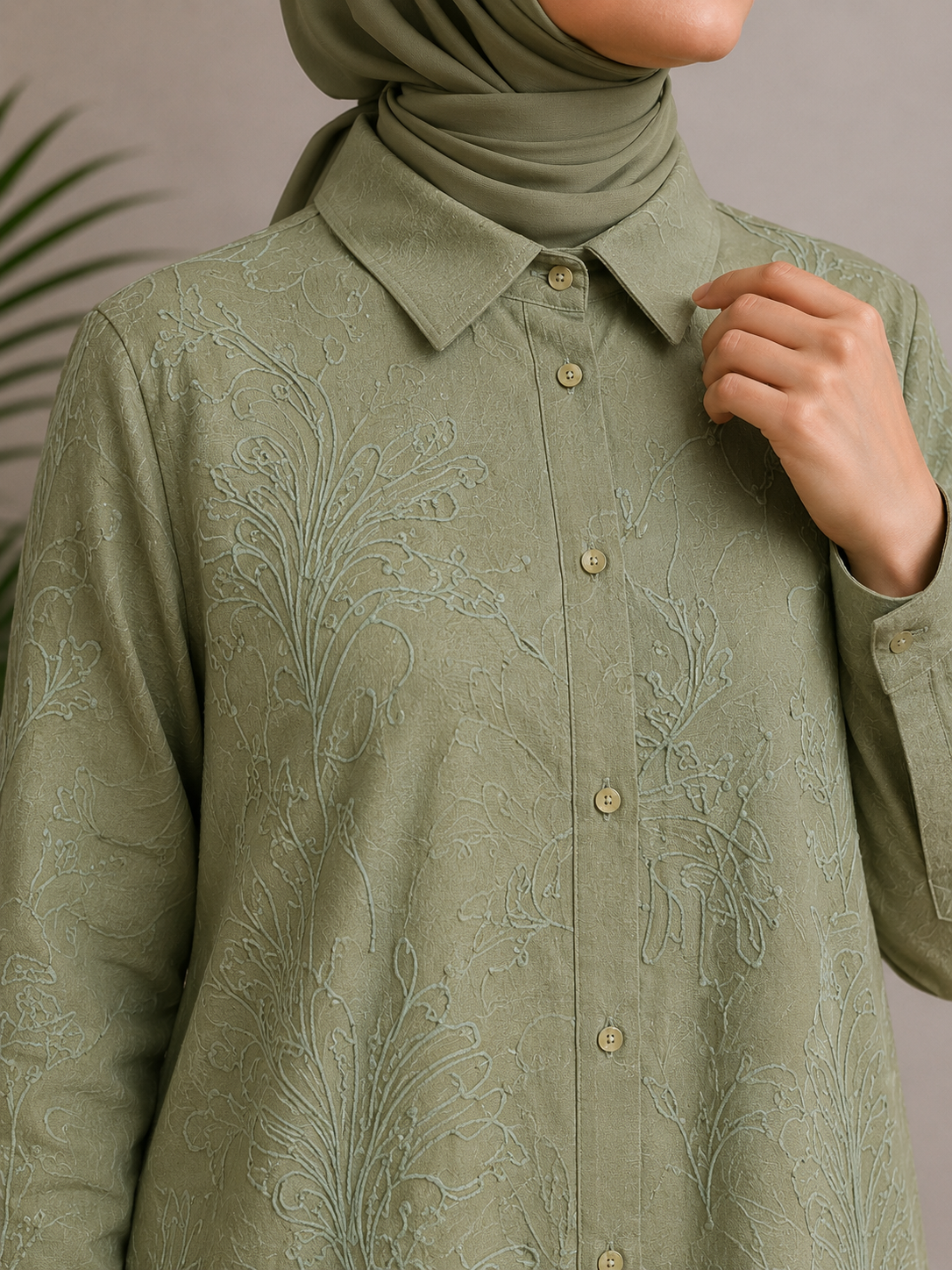 Printed Linen Abaya and Pant Set Green