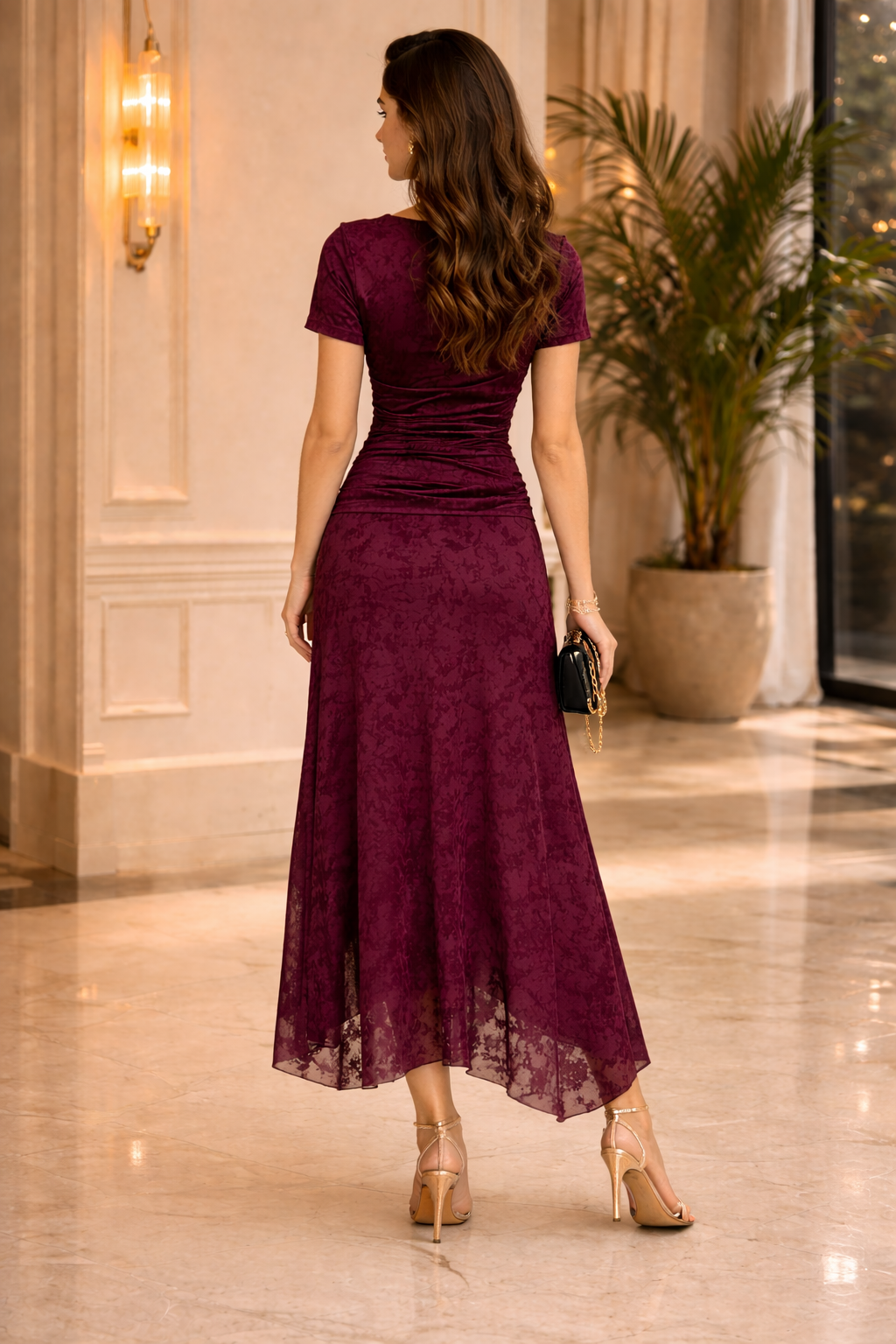 Flocked Mesh Top & Skirt Set Burgundy