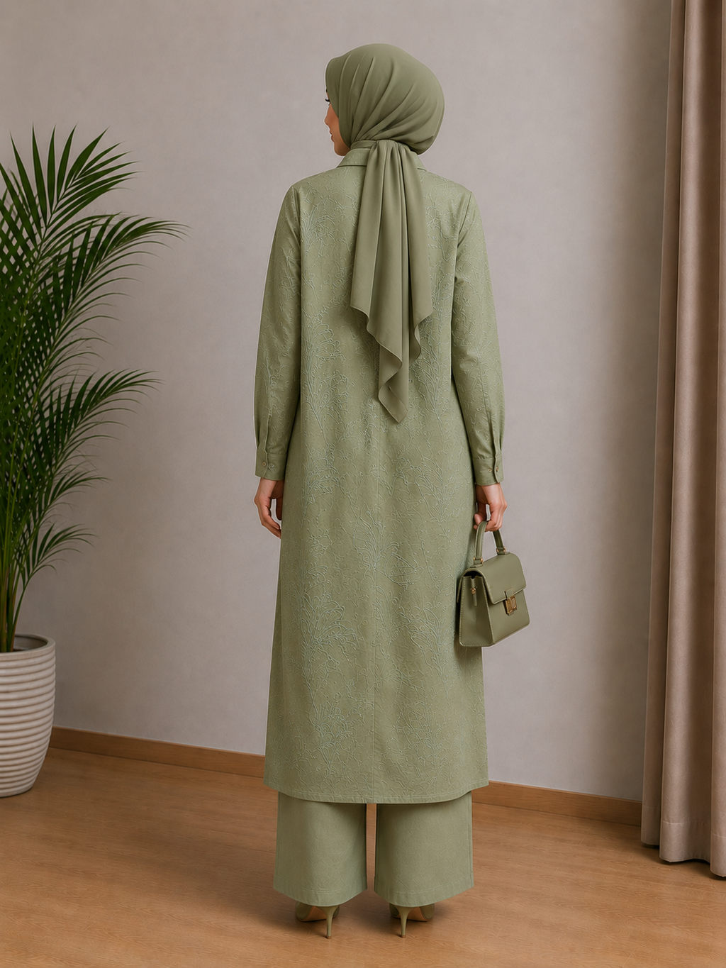 Printed Linen Abaya and Pant Set Green