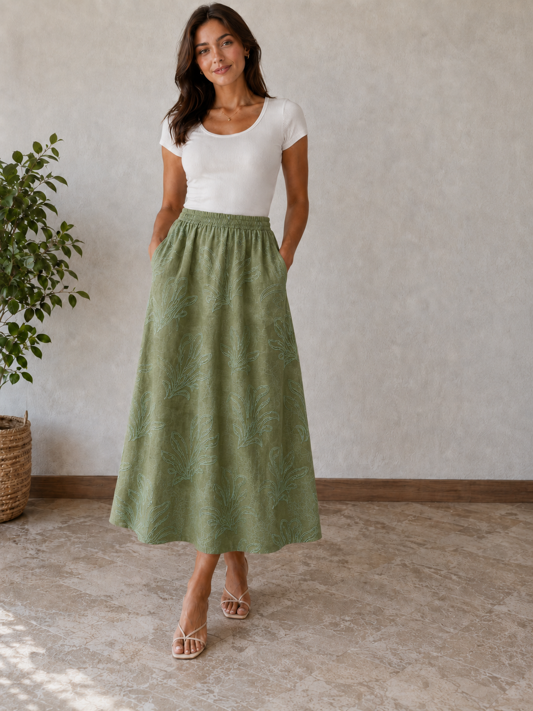 Printed Linen Midi Skirt Green