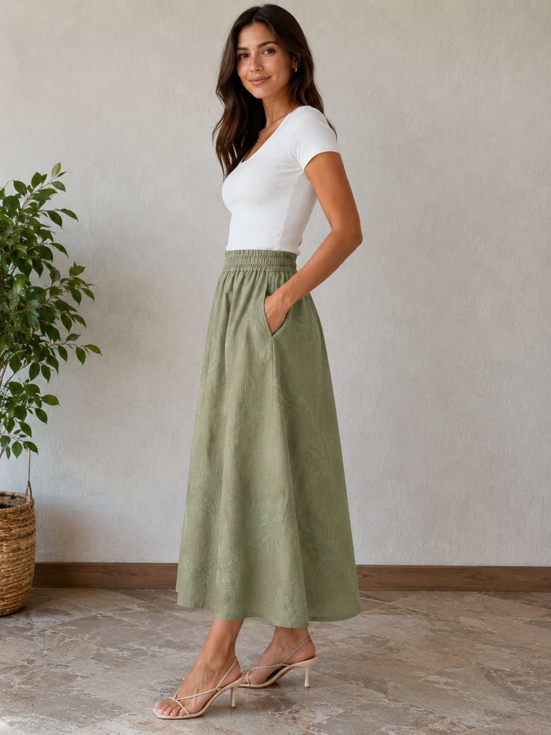 Printed Linen Midi Skirt Green