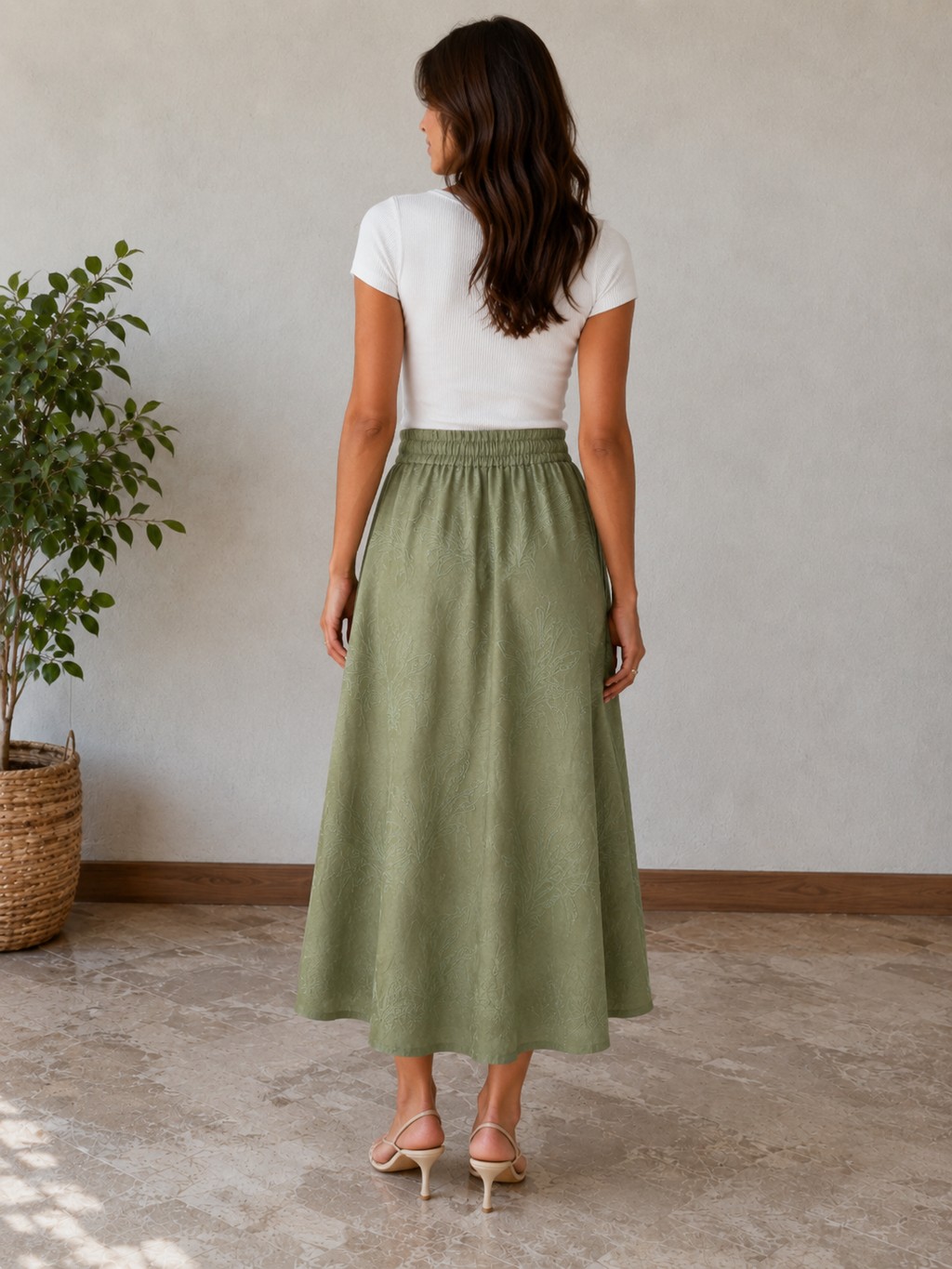Printed Linen Midi Skirt Green