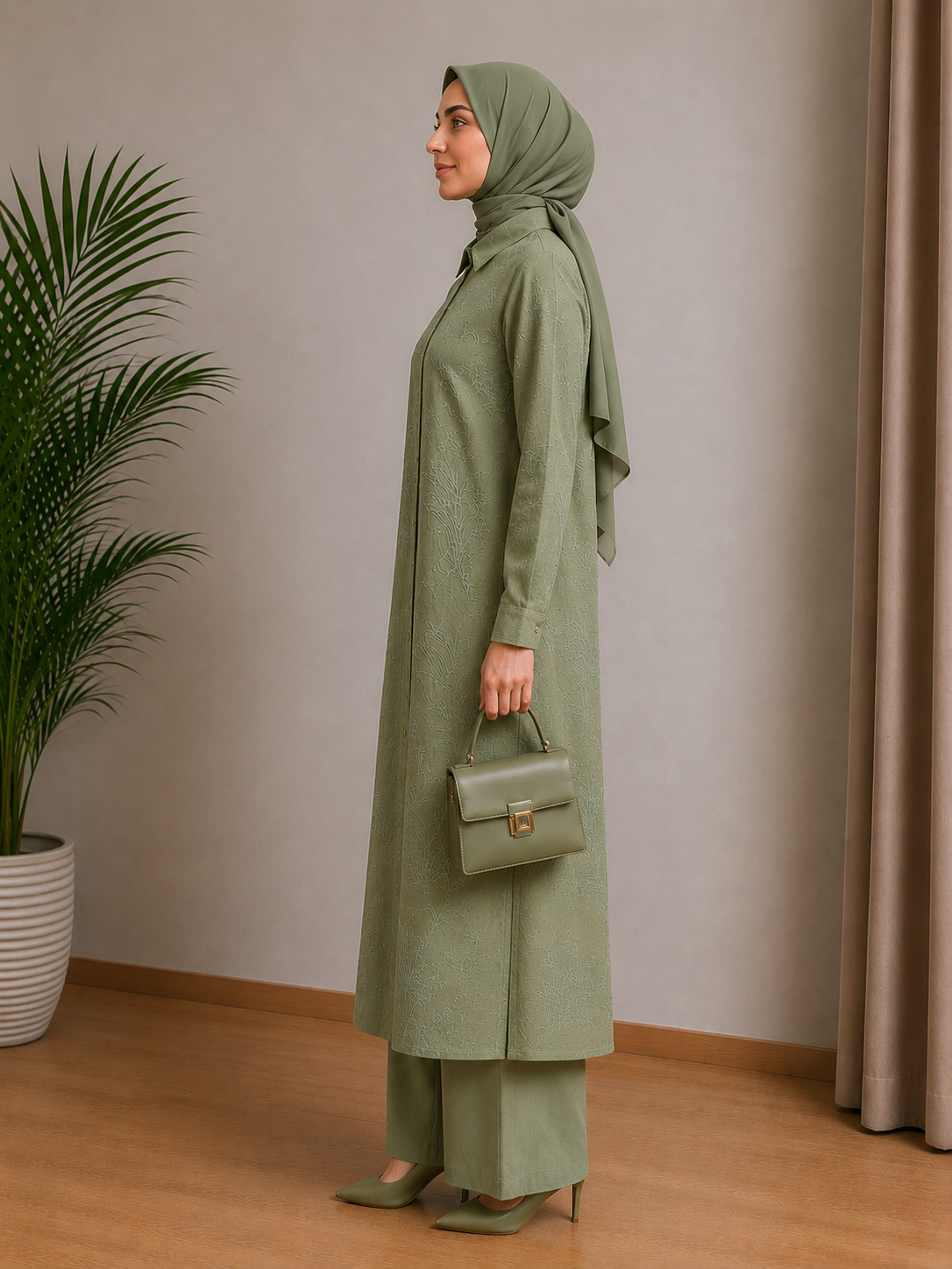 Printed Linen Abaya and Pant Set Green
