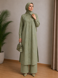 Printed Linen Abaya and Pant Set Green