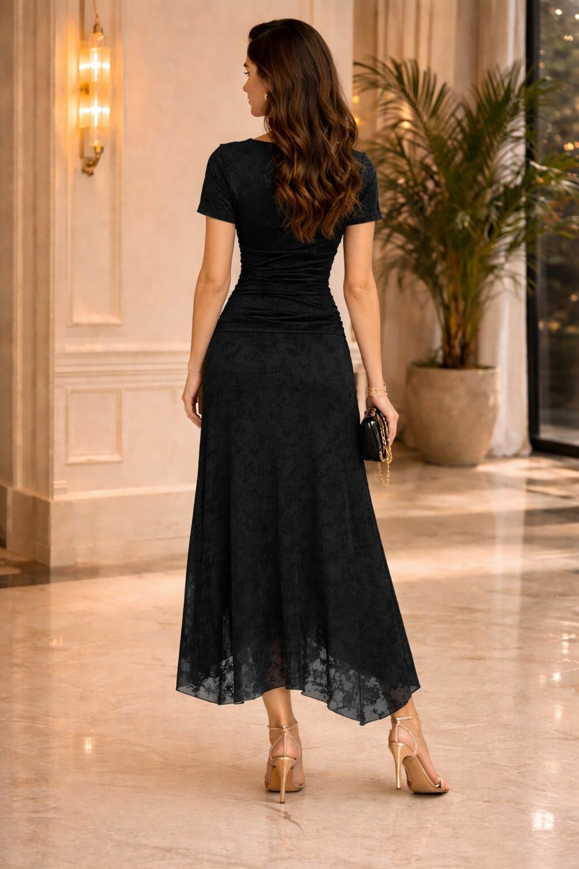 Flocked Mesh Top & Skirt Set Black