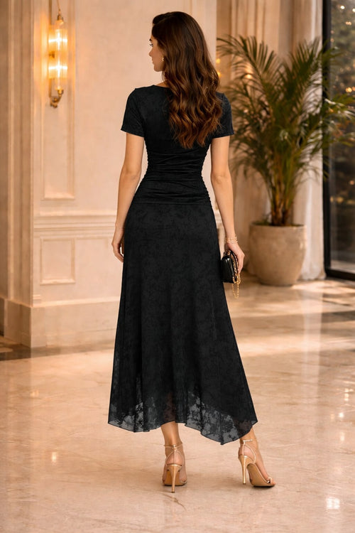 Flocked Mesh Top & Skirt Set Black