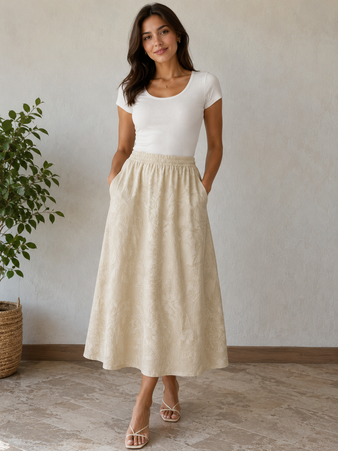 Printed Linen Midi Skirt Beige
