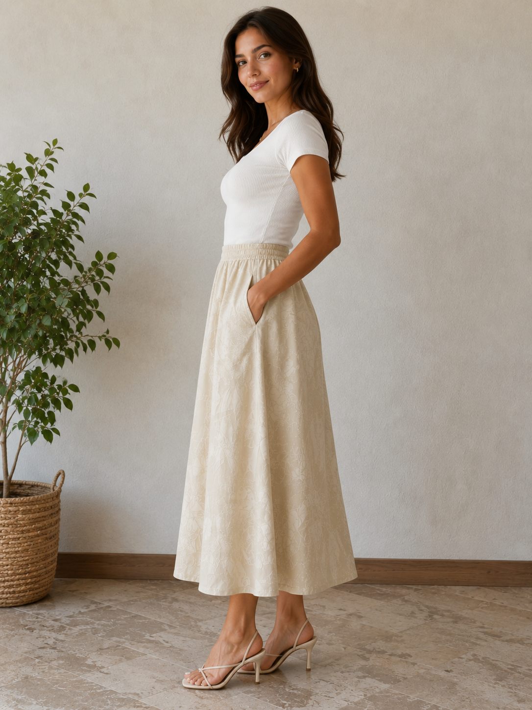 Printed Linen Midi Skirt Beige