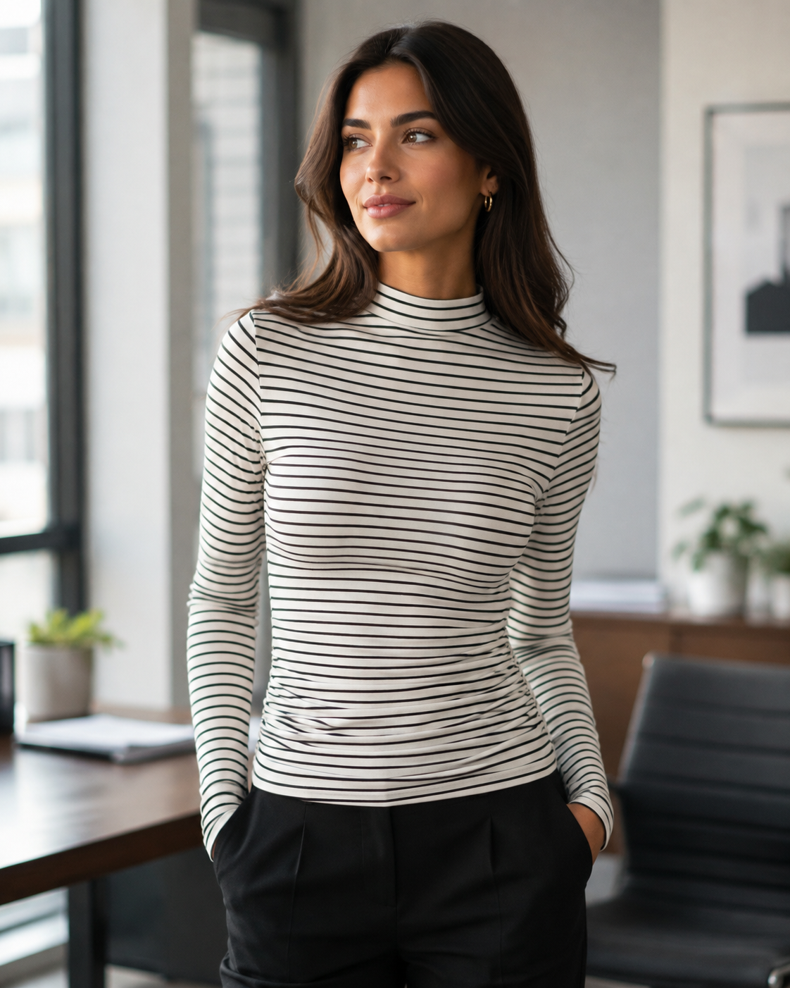 Striped Ruched Mock Neck Top