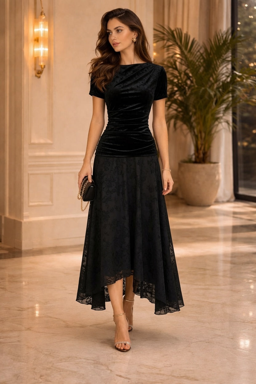 Flocked Mesh Top & Skirt Set Black