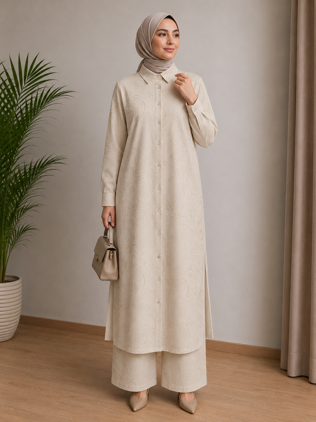 Printed Linen Abaya and Pant Set Beige
