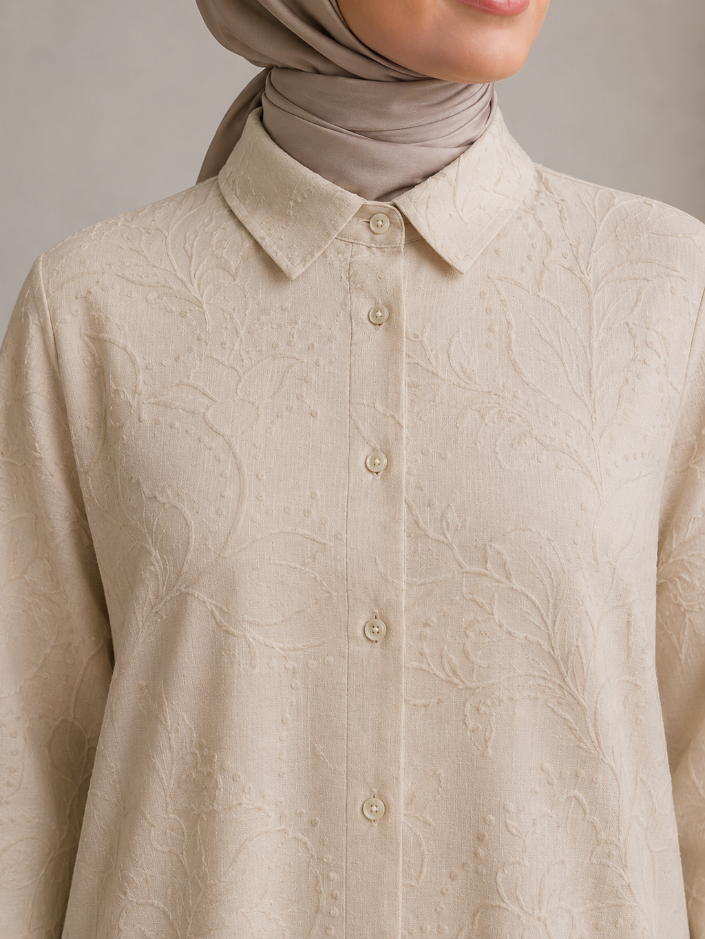 Printed Linen Abaya and Pant Set Beige