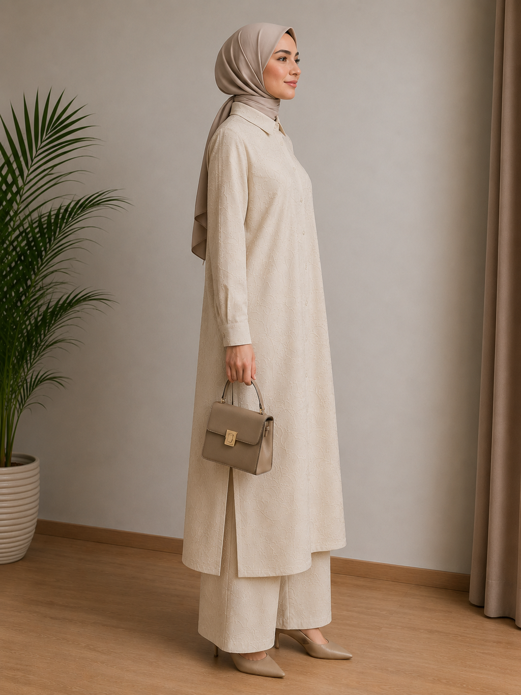 Printed Linen Abaya and Pant Set Beige