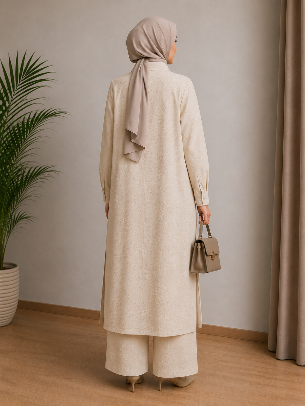 Printed Linen Abaya and Pant Set Beige
