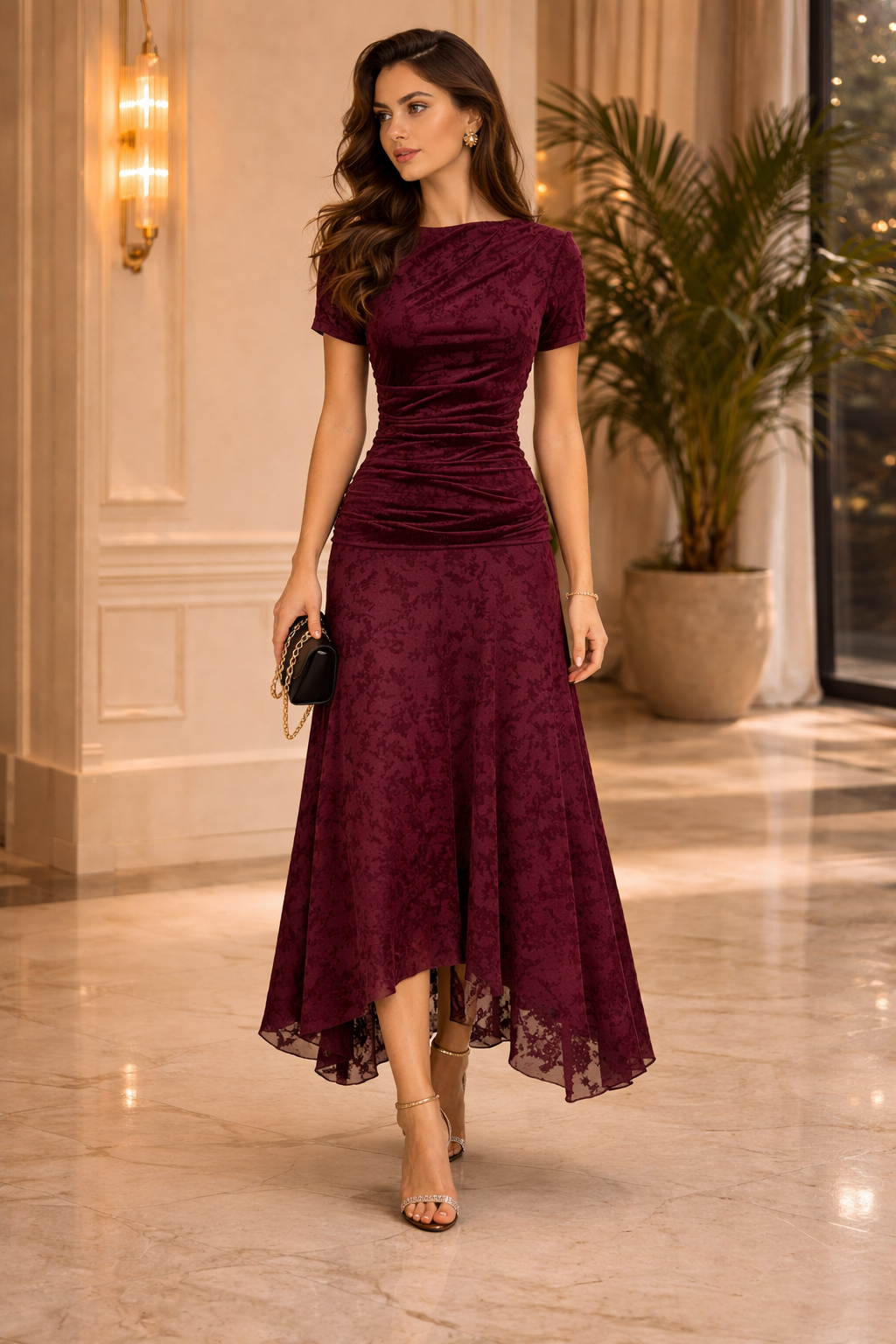 Flocked Mesh Top & Skirt Set Burgundy
