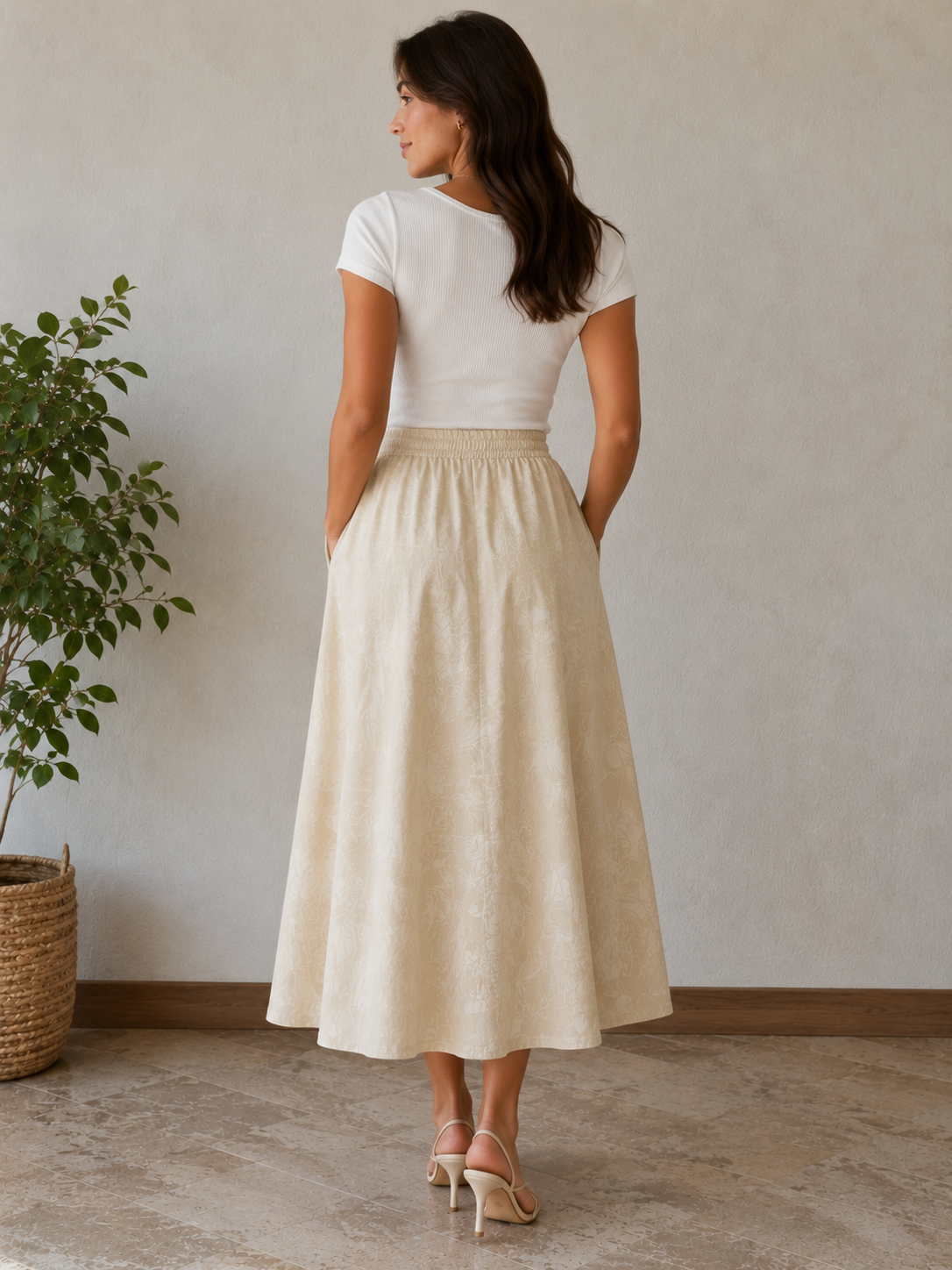 Printed Linen Midi Skirt Beige