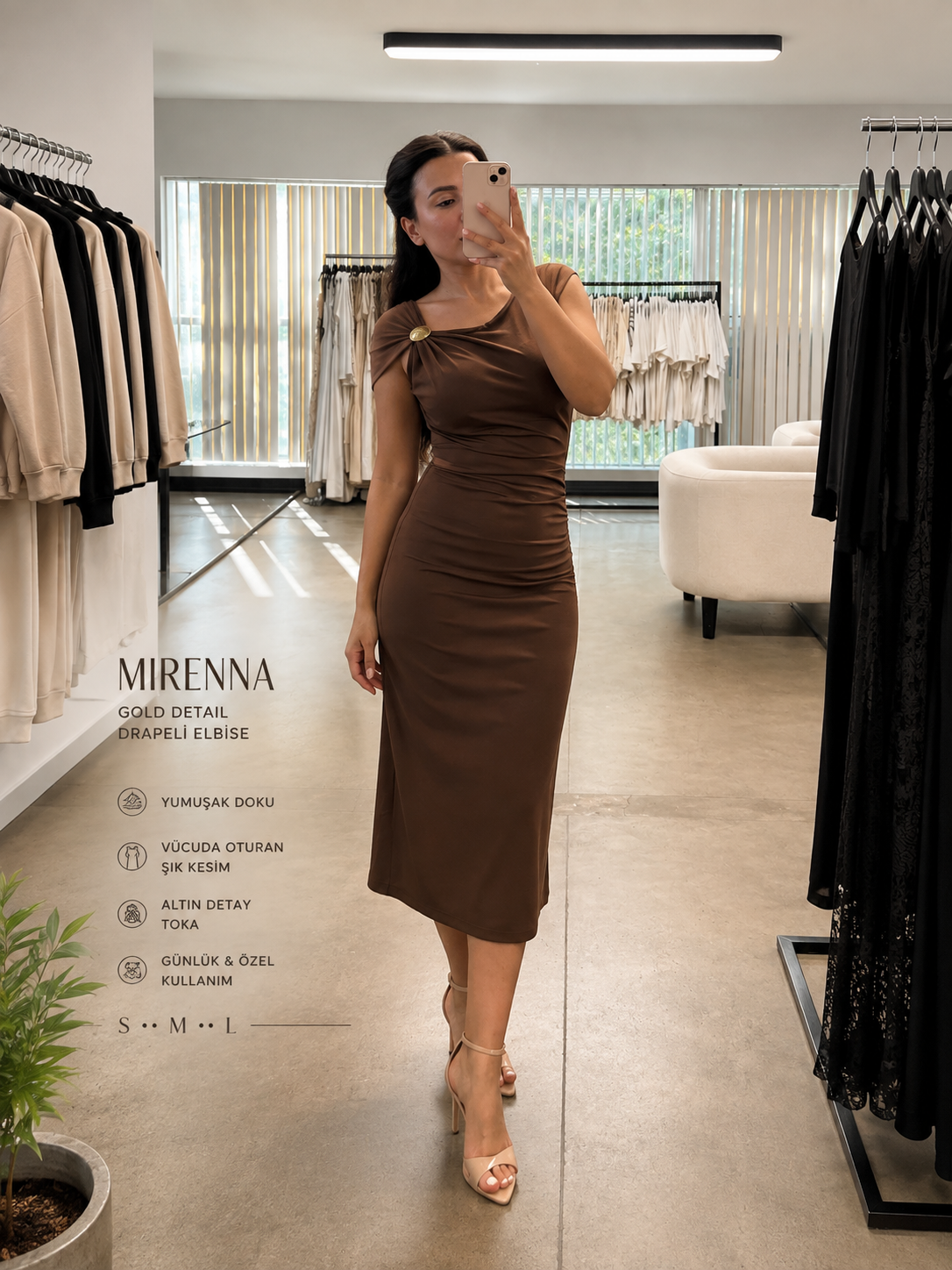 Chic stretch dress with gold buckle detail.
